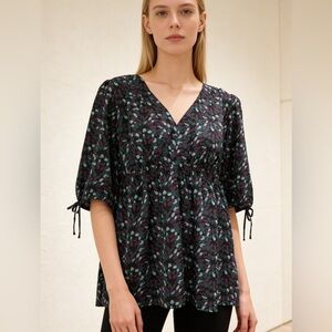 LOFT Floral V-Neck Peplum Blouse Puff Sleeve L